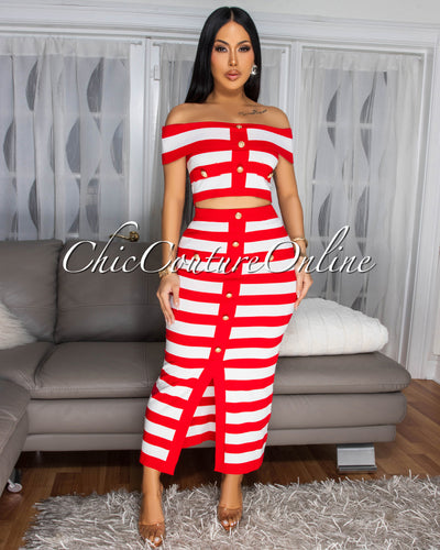 Mena Red White Stripes Crop Top & Skirt Set