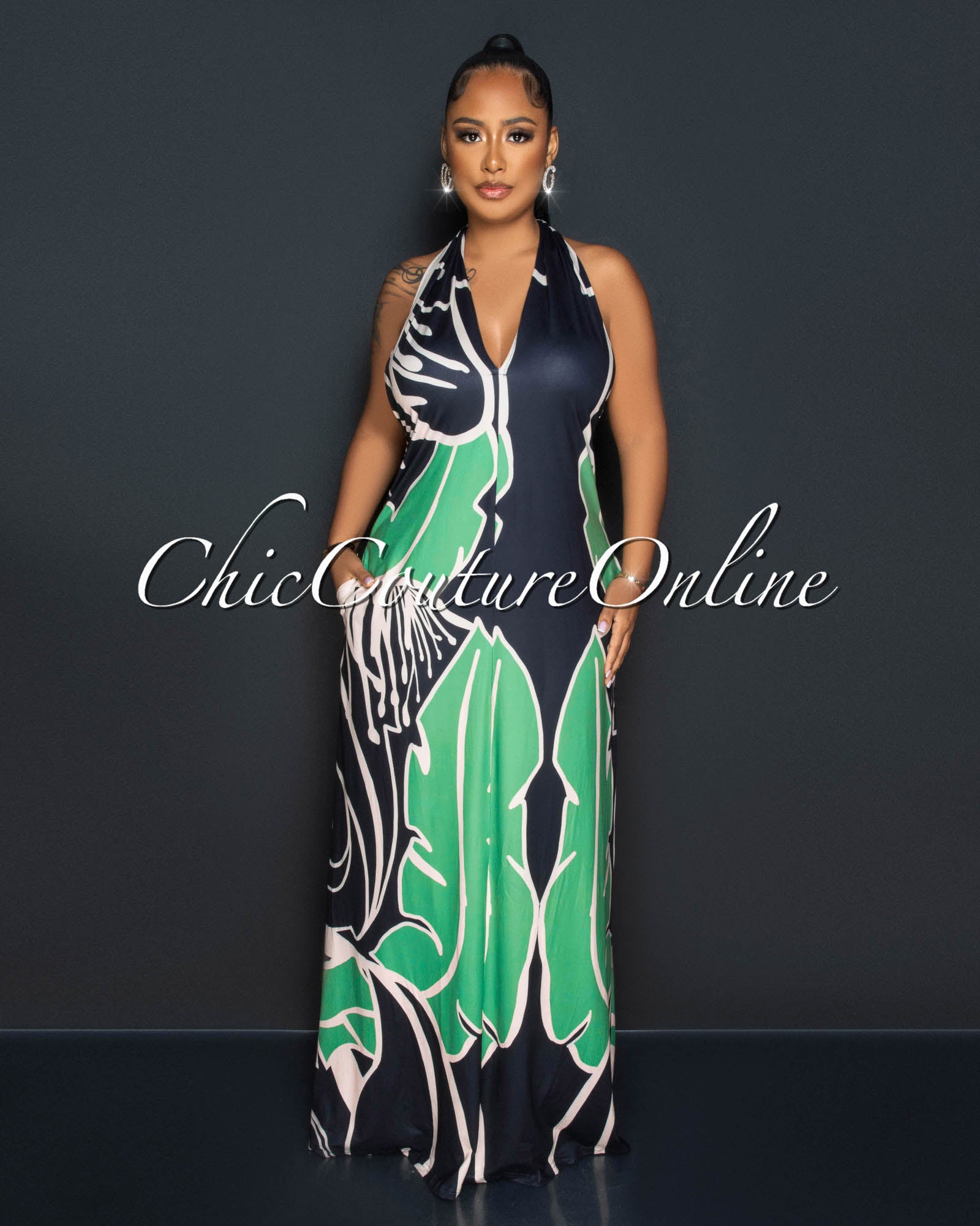 Cirse Black Green Nude Print Halter Maxi Dress