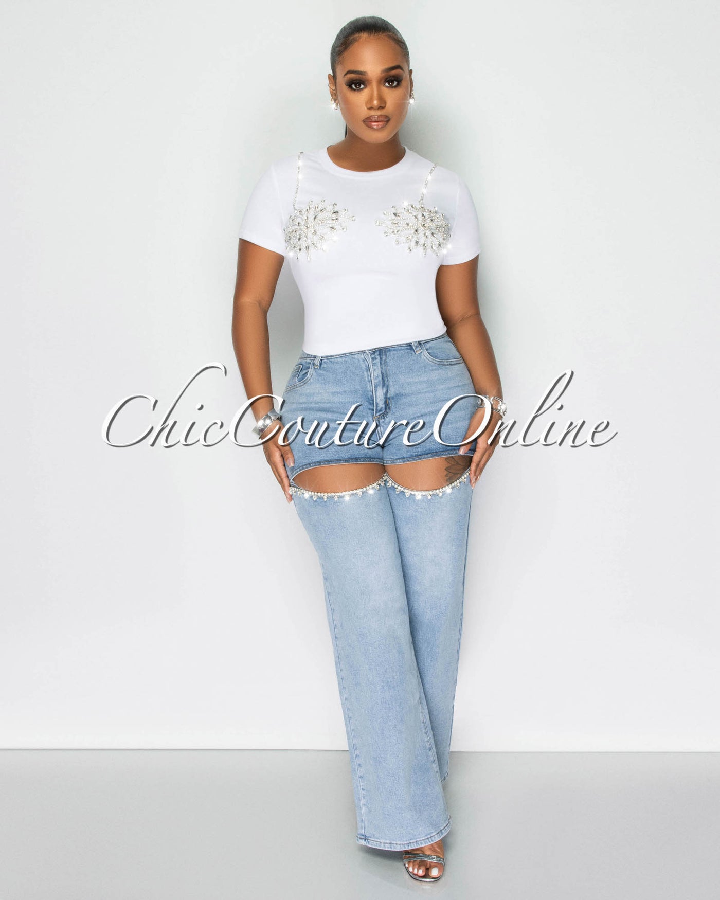 Marly Light Denim Rhinestones Cut-Out Jeans