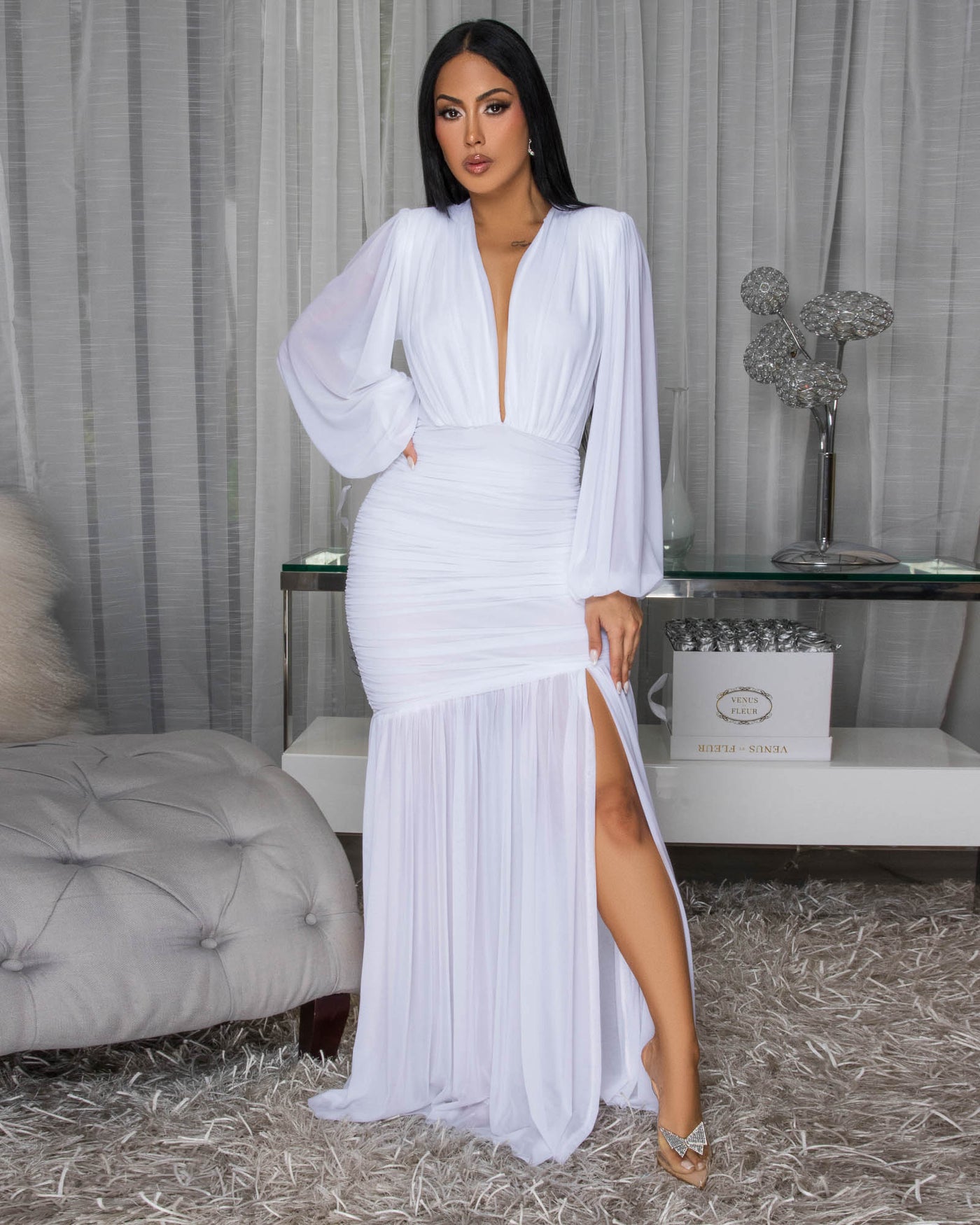 Brandi White Hi-Low Mesh Maxi Dress