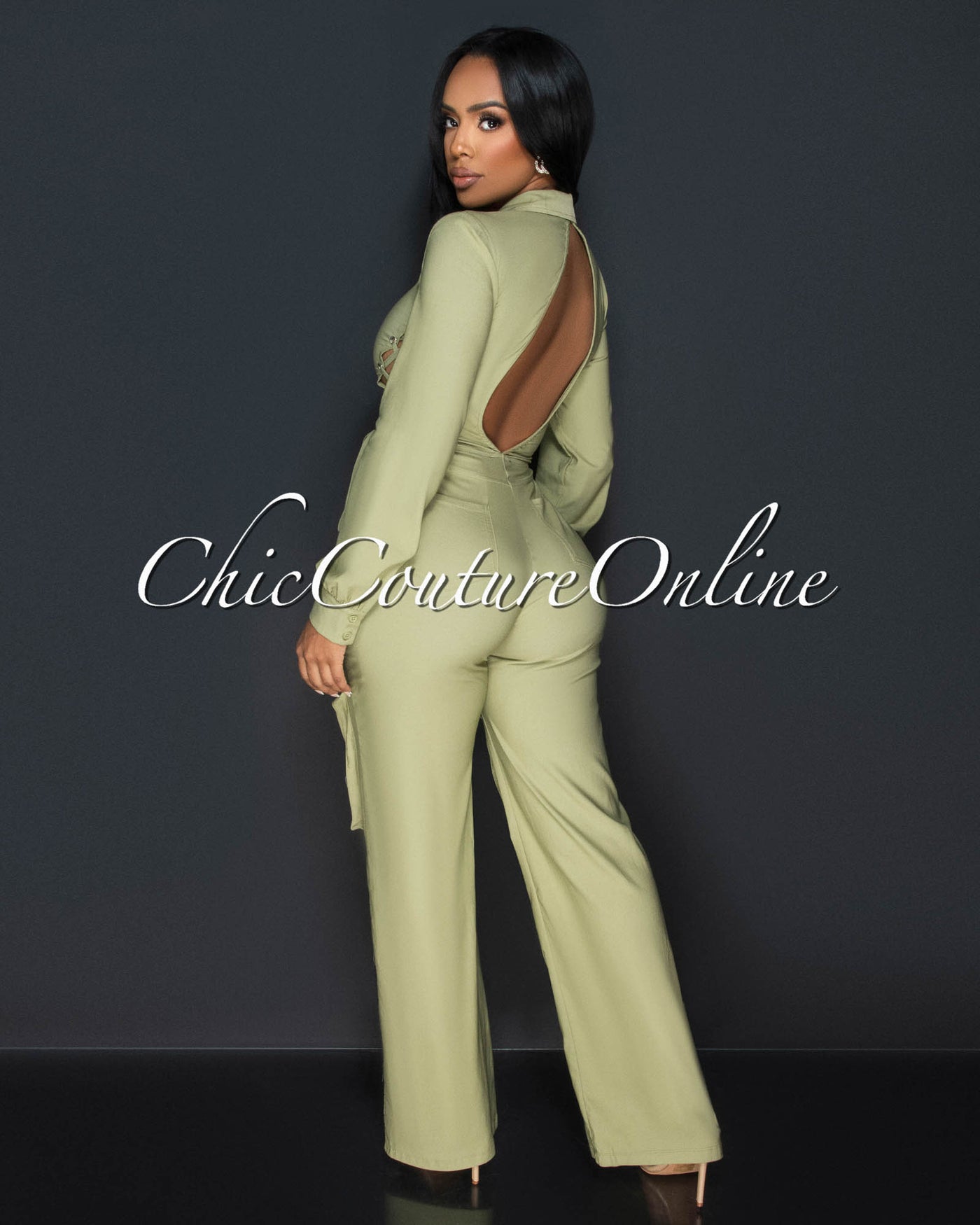 Milina Olive Green Long Sleeves Cargo Jumpsuit
