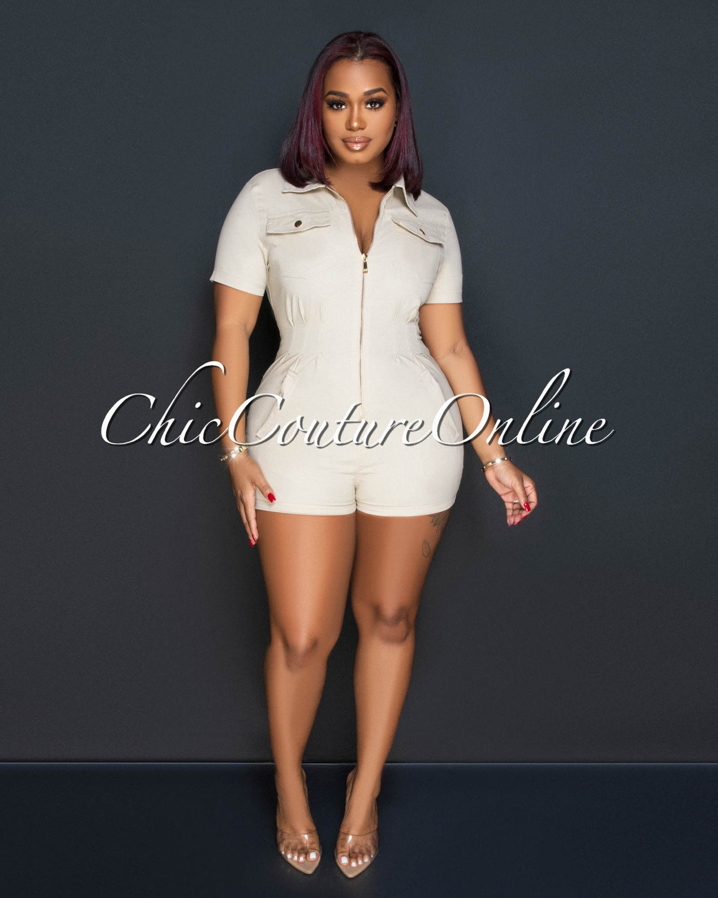 Jenna Nude Gold Zipper Utility Romper