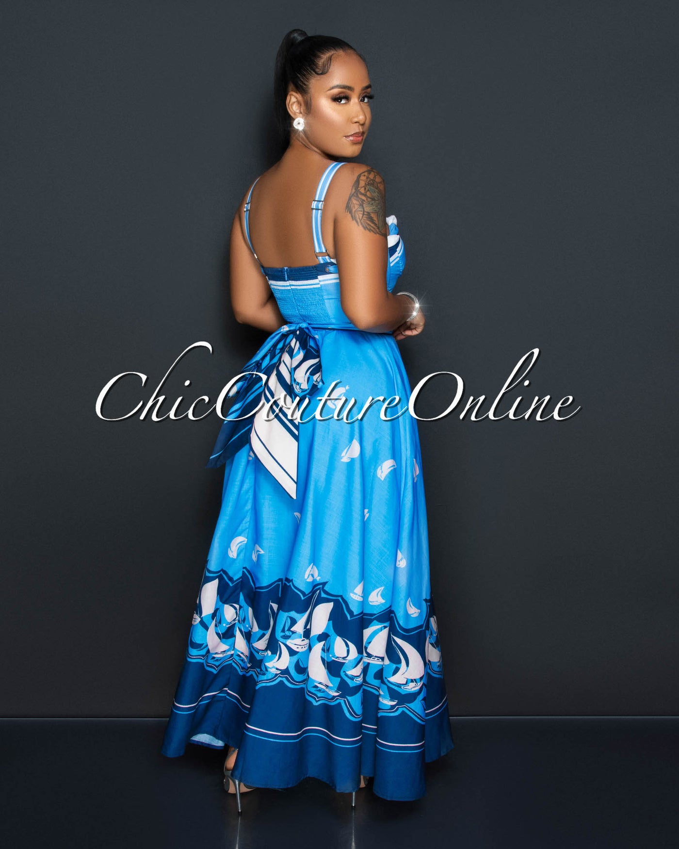 Leequan Blue Sailor Print Padded Cups Maxi Dress