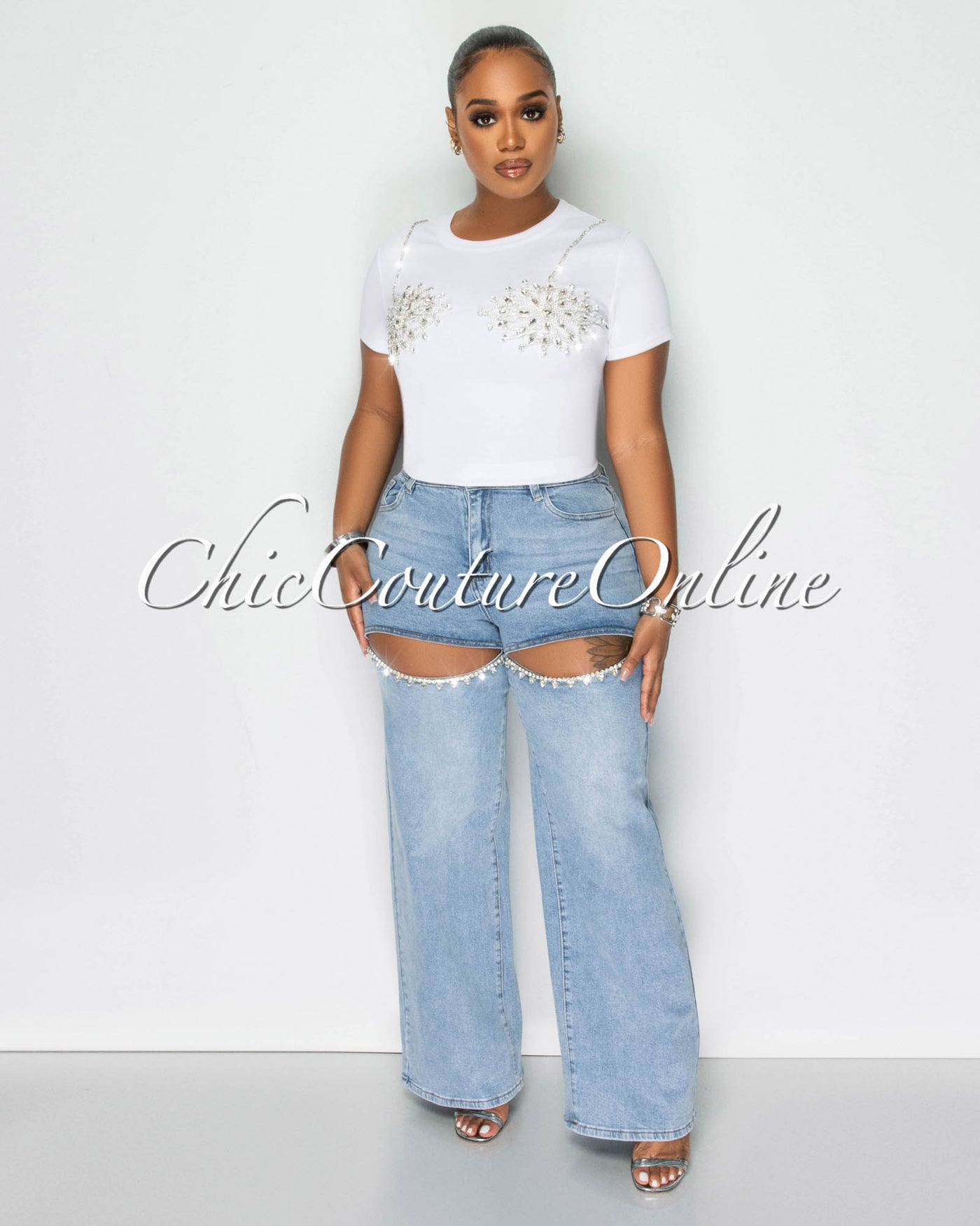 Marly Light Denim Rhinestones Cut-Out Jeans