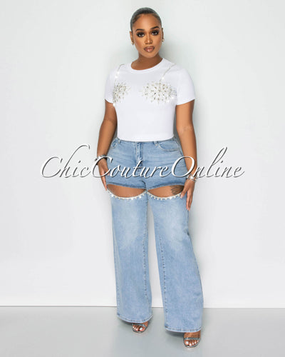 Marly Light Denim Rhinestones Cut-Out Jeans