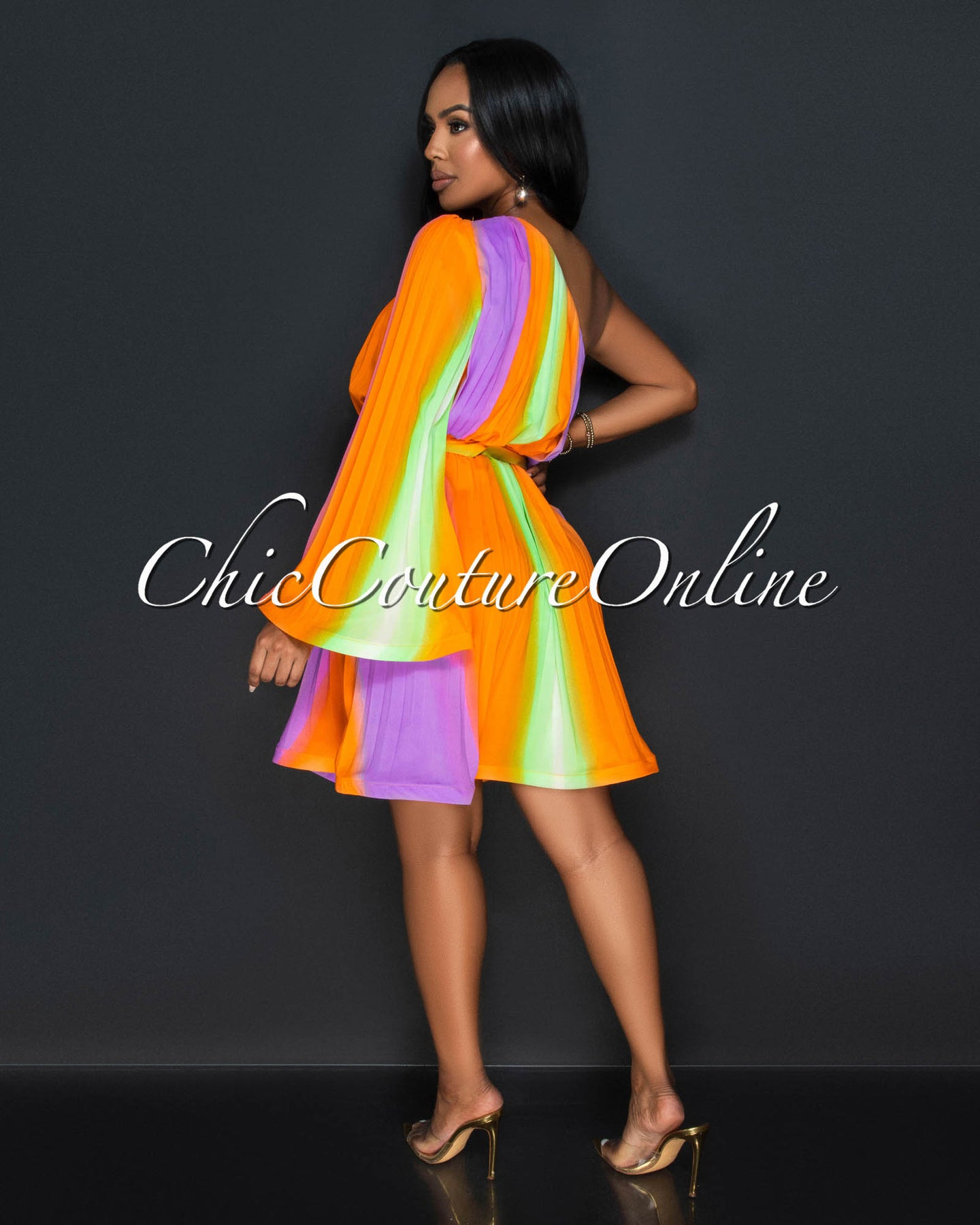 *Olisa Pastel Multi Ombre Pleated Single Shoulder Dress