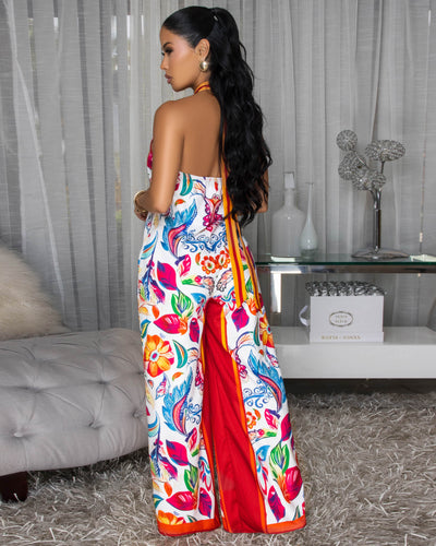 Hali Off-White Red Orange Floral Halter Jumpsuit