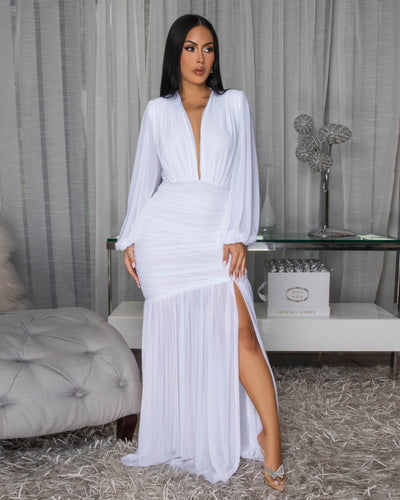 Brandi White Hi-Low Mesh Maxi Dress