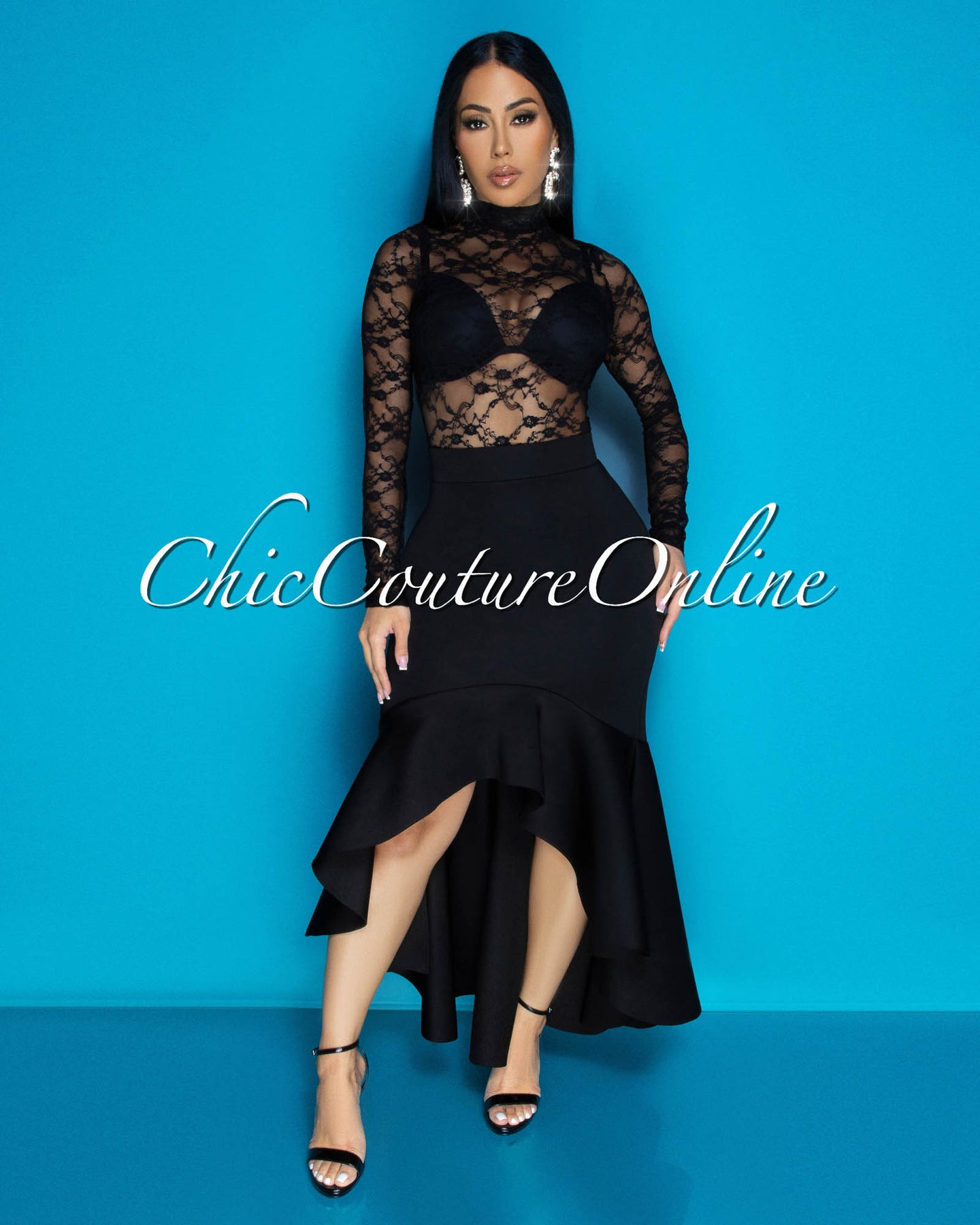 Primrose Black Lace Bodysuit & Hi-Lo Skirt Set
