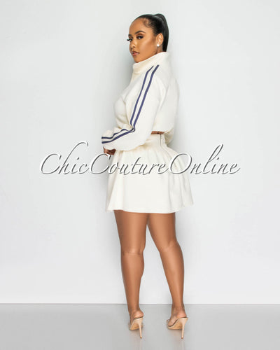 Daviana Cream Navy Blue Stripes Sweater & Mini Skirt Track Set