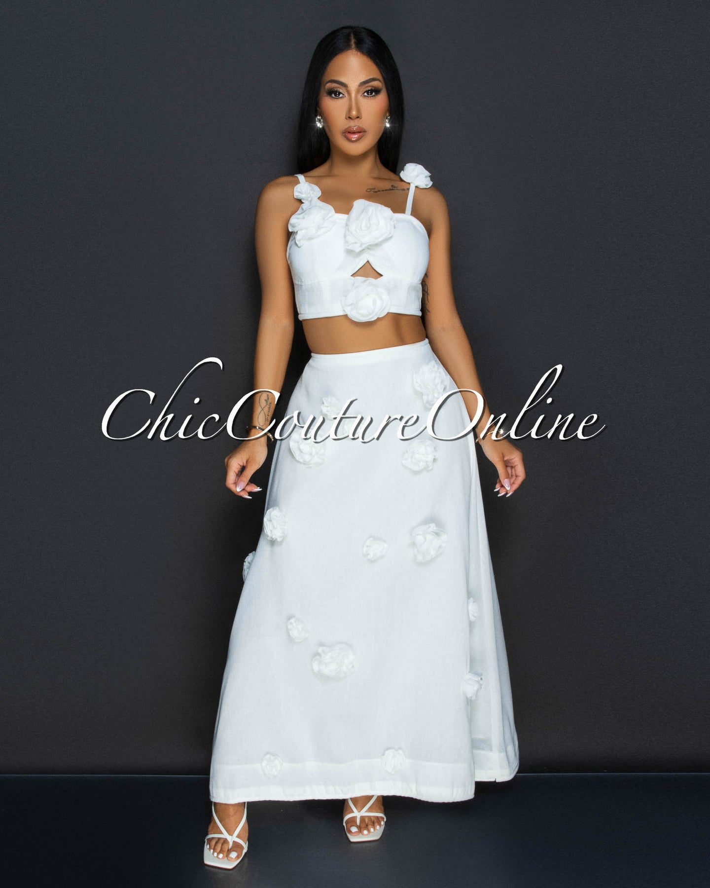 Chiara White Flower Bustier & Maxi Skirt Set