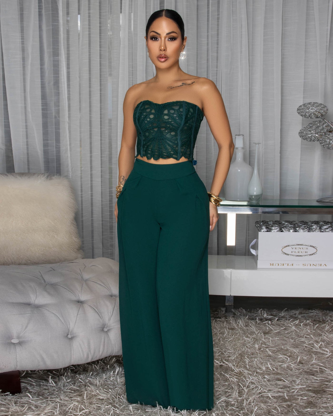Emory Forrest Green Corset Crochet Top & Pants Set
