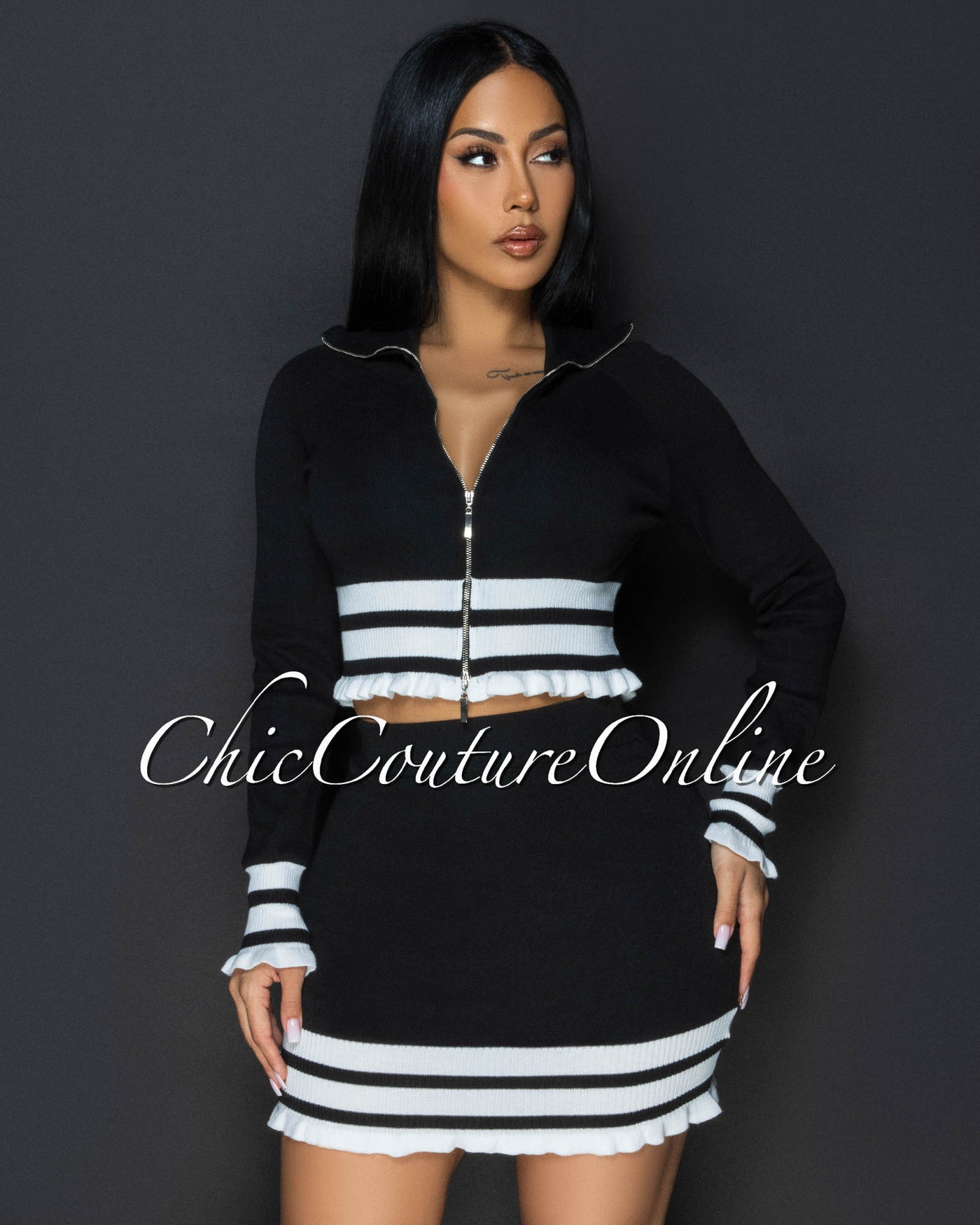 Dakota Black White Stripes Accent Top & Skirt Set