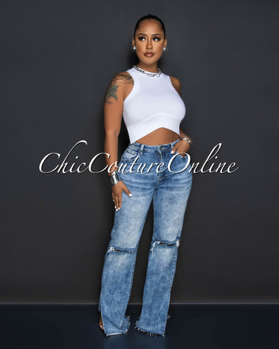Siara Blue Washed Ripped Knees Jeans