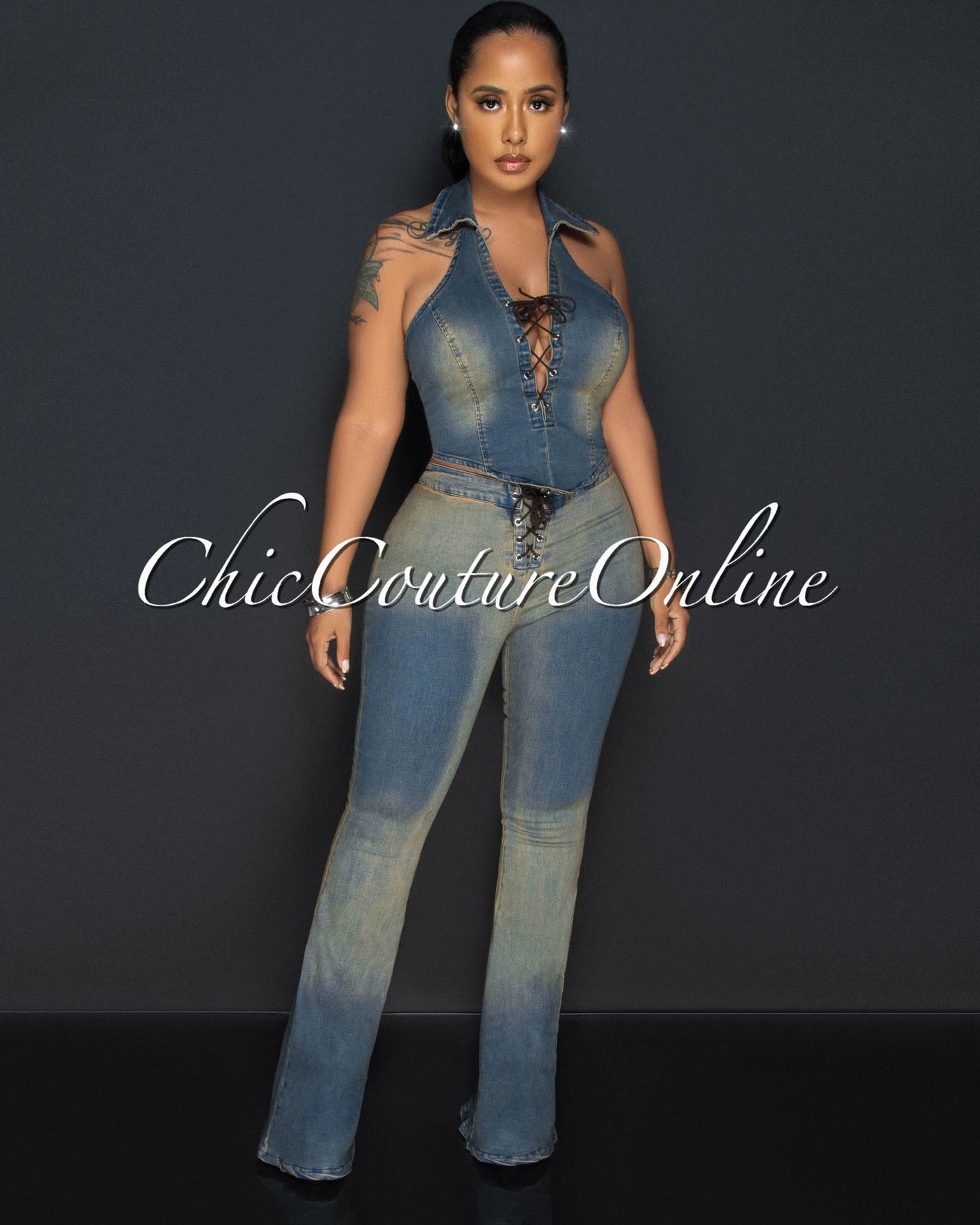 Destiny Dark Blue Brown Halter Top & Lace-Up Jeans Set