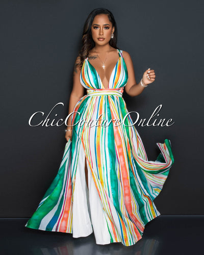 Gorell White Multi-Color Print Waist Cut-Out Maxi Dress
