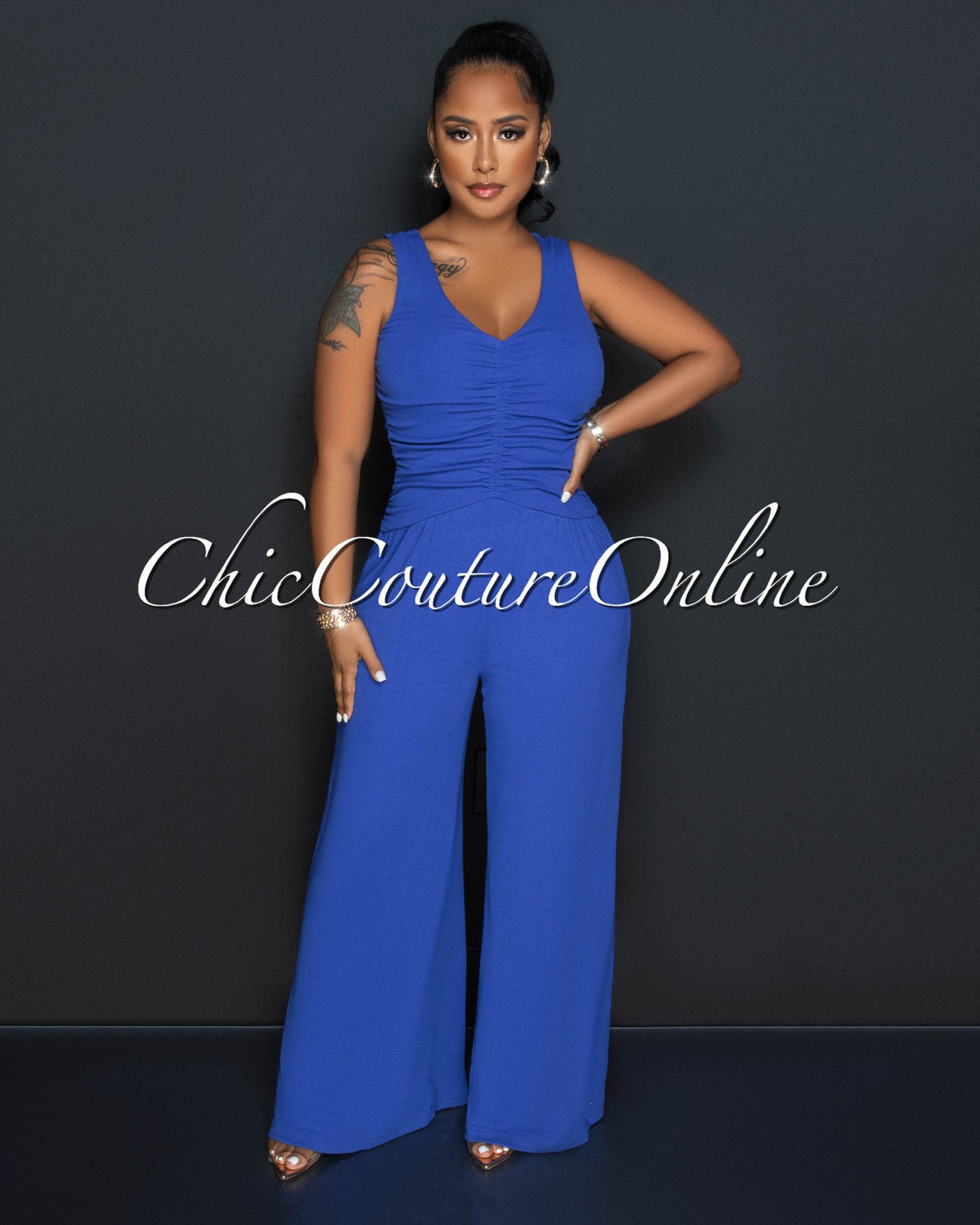 Beverly Blue Ruched Bust Back Key-Hole Jumpsuit