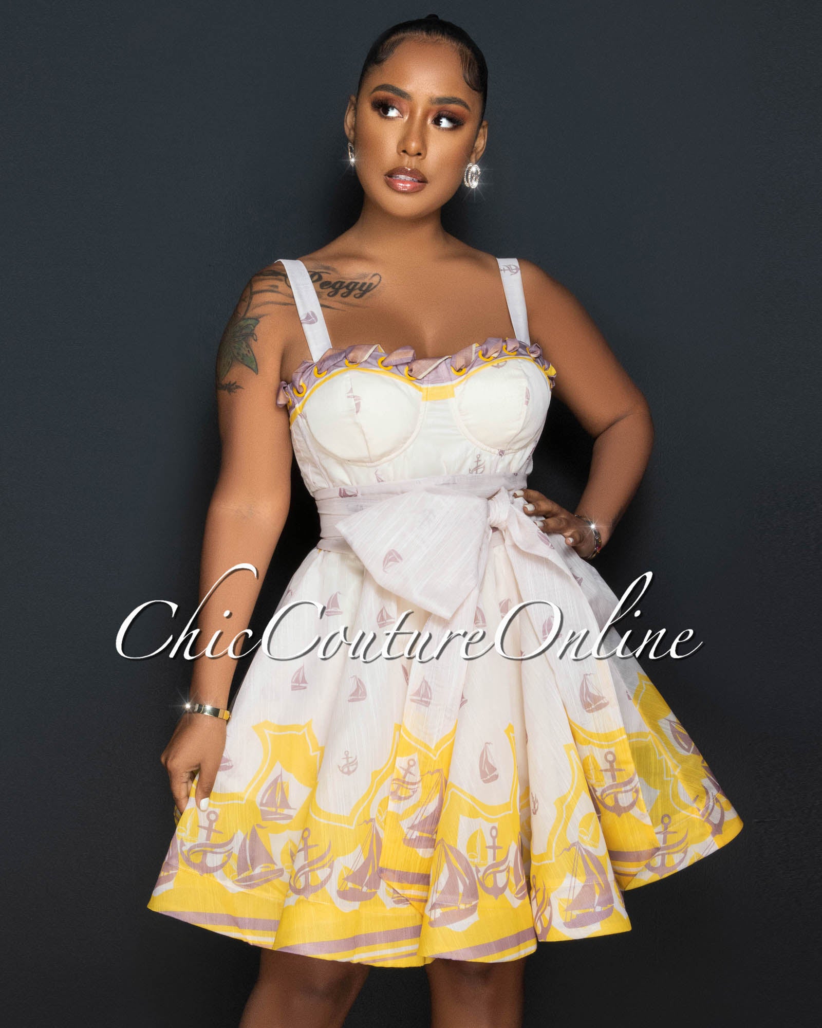 *Sahara Nude Yellow Print Self-Tie Belt Skater Dress