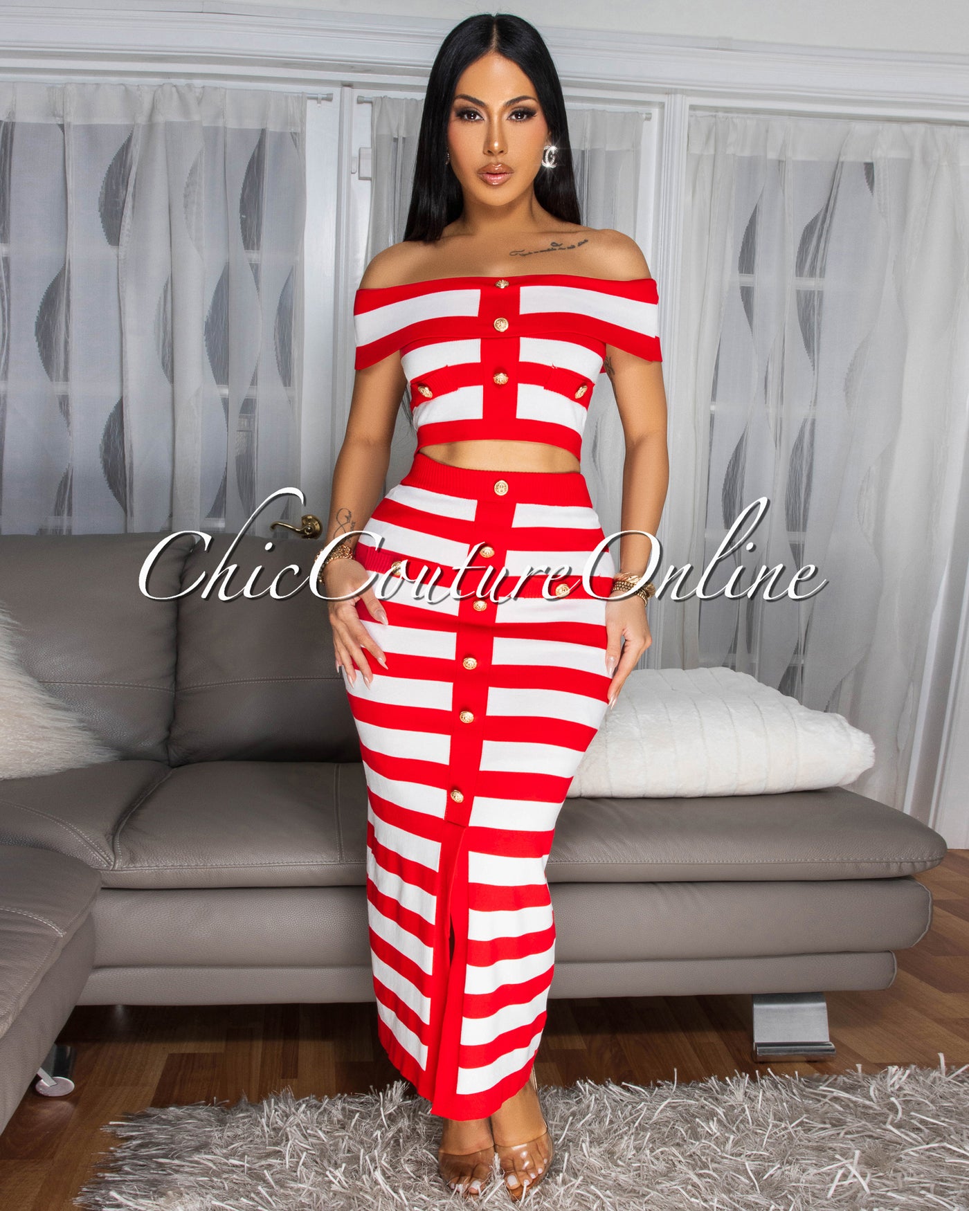 Mena Red White Stripes Crop Top & Skirt Set