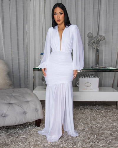 Brandi White Hi-Low Mesh Maxi Dress