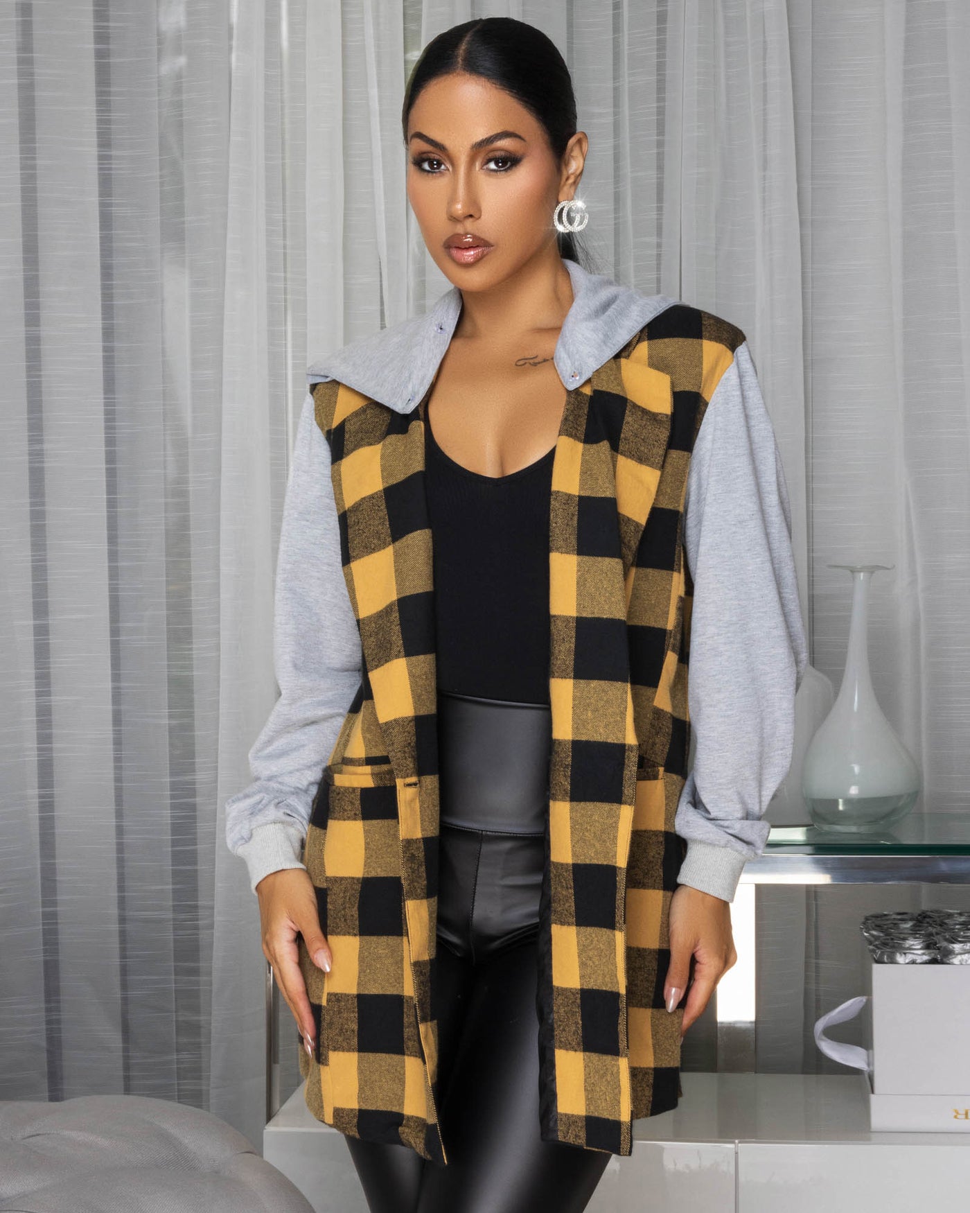 Adina Yellow Plaid Grey Accent Hoodie Blazer