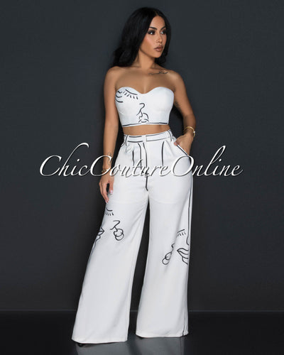 Limona Off White Black Print 3 Piece Pants Set