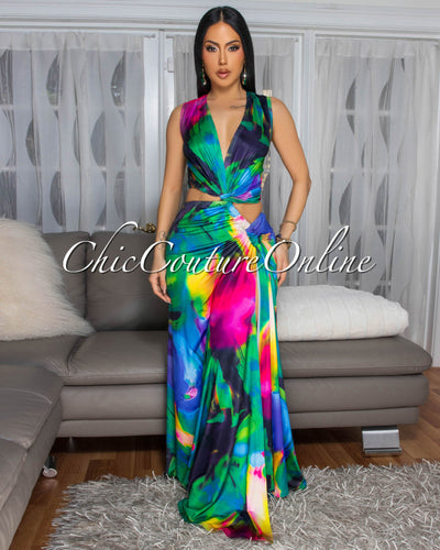 Sianna Green Multi-Color Cut-Out Slit Dress