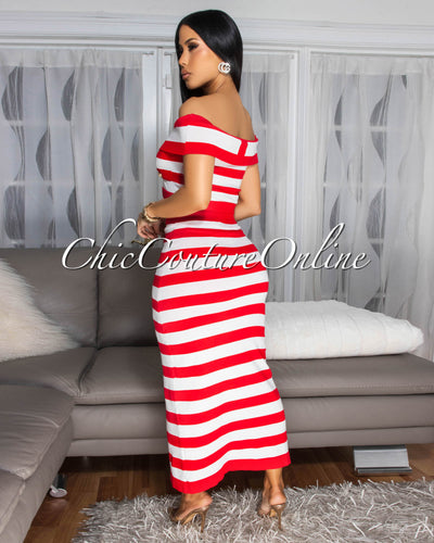 Mena Red White Stripes Crop Top & Skirt Set