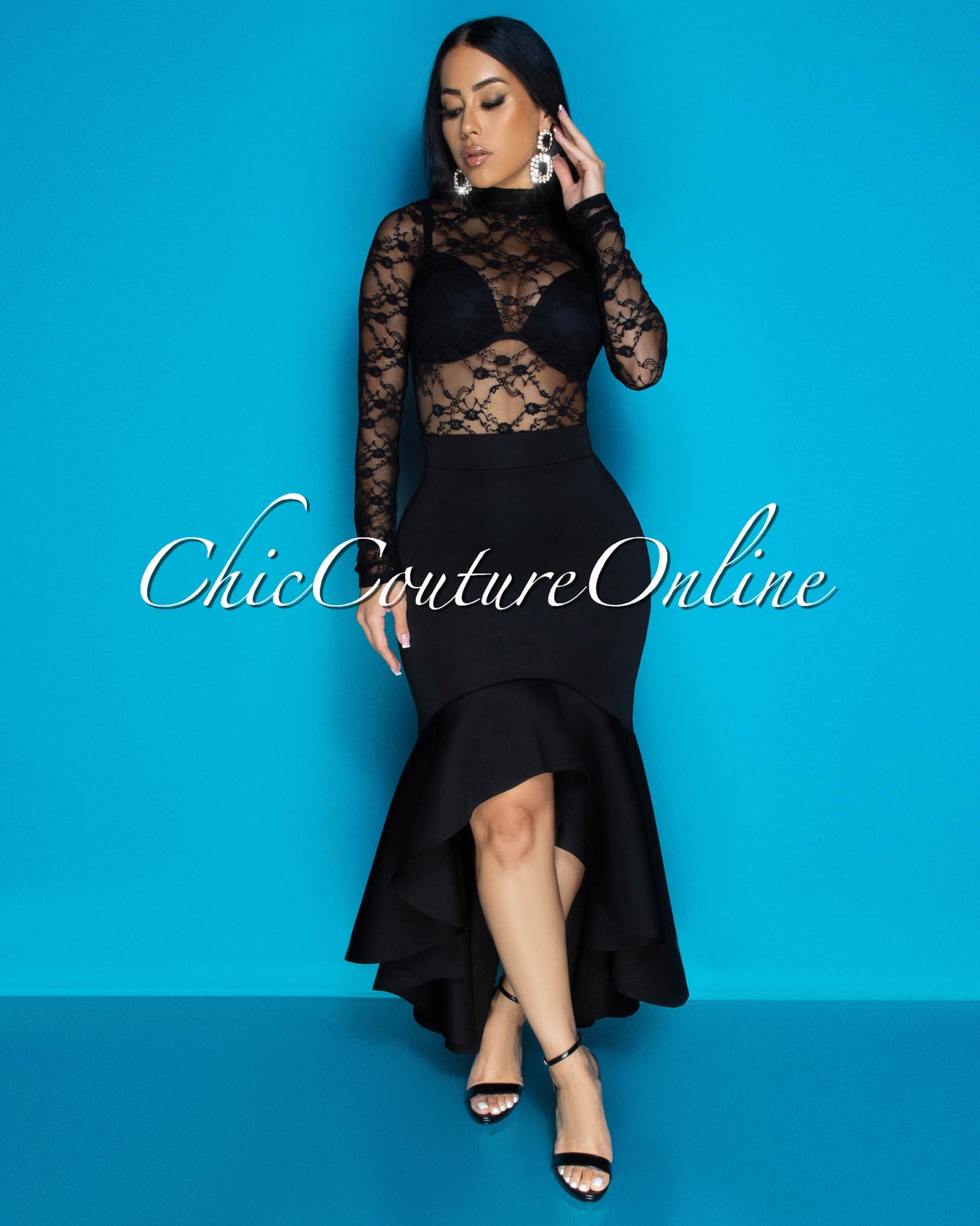 Primrose Black Lace Bodysuit & Hi-Lo Skirt Set