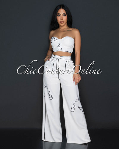 Limona Off White Black Print 3 Piece Pants Set