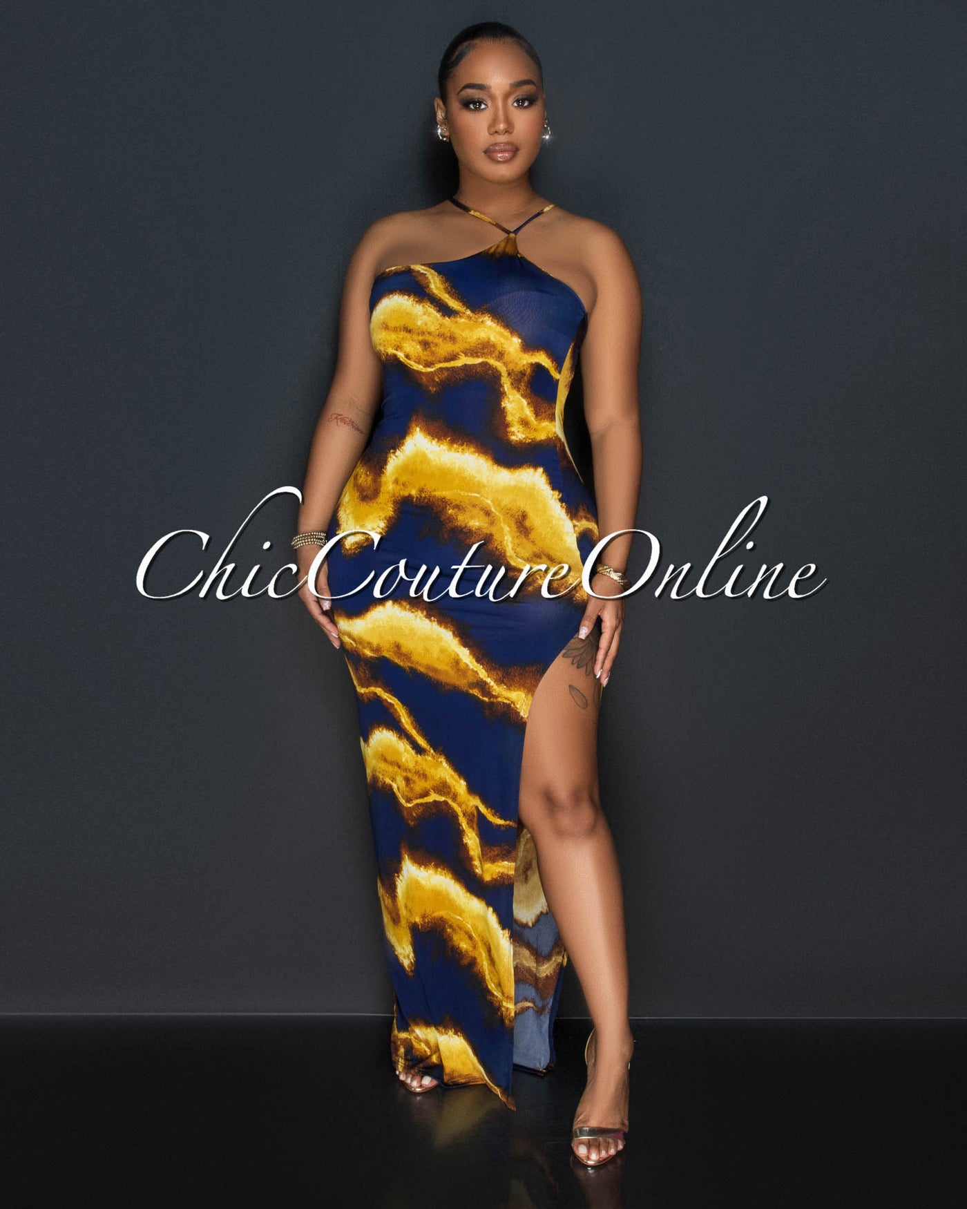 Batista Navy Blue Mustard Print Halter Maxi Dress