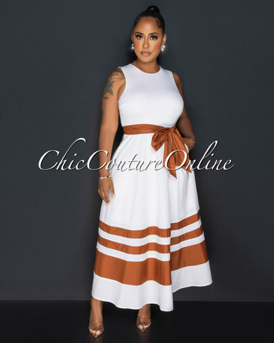 Yalana White Brown Accent Belt Maxi Dress