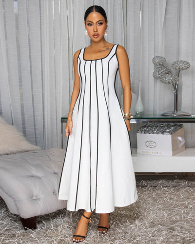 Samantha White Black Stripes Linen Midi Dress
