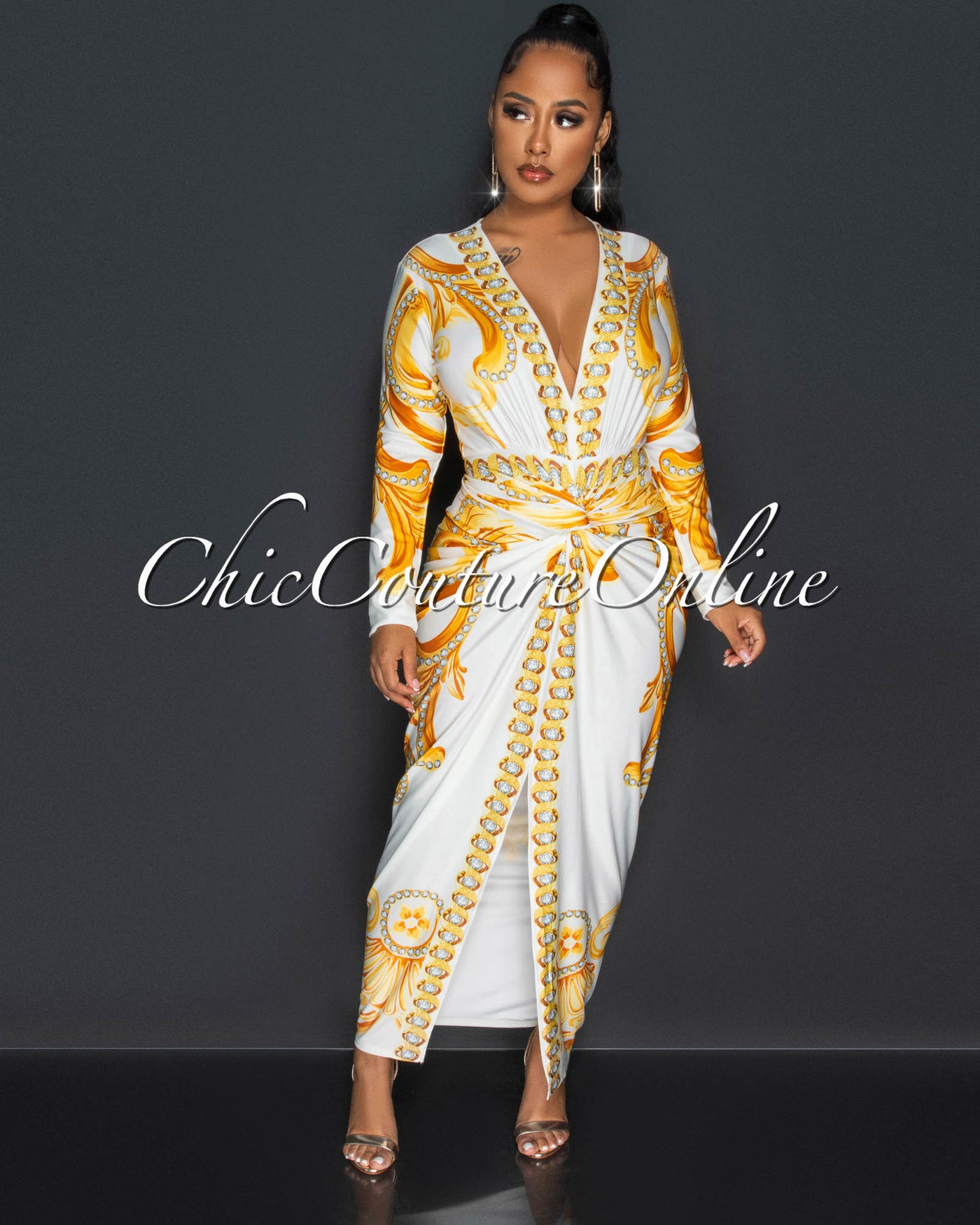 Kebba White Gold Print Deep V Neckline Front Knot Maxi Dress