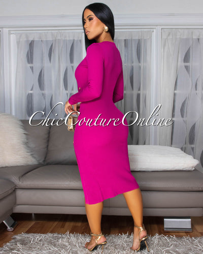 Karissa Magenta Ribbed Gold Buttons Sweater Dress