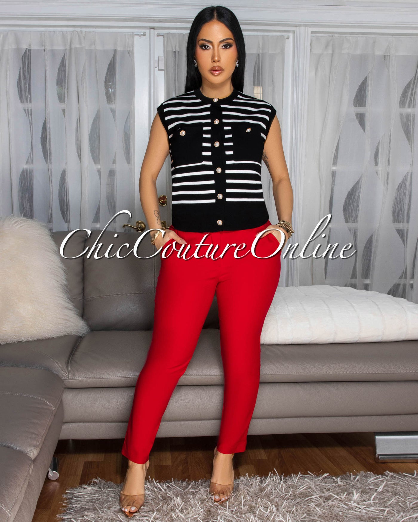 Rousseau Black White Stripes Knit Top