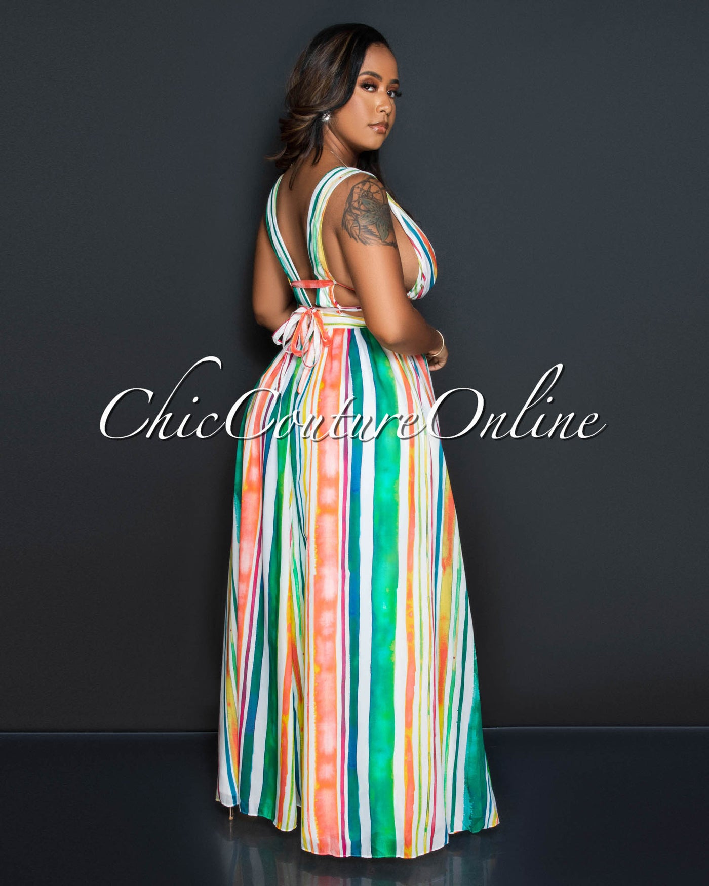 Gorell White Multi-Color Print Waist Cut-Out Maxi Dress