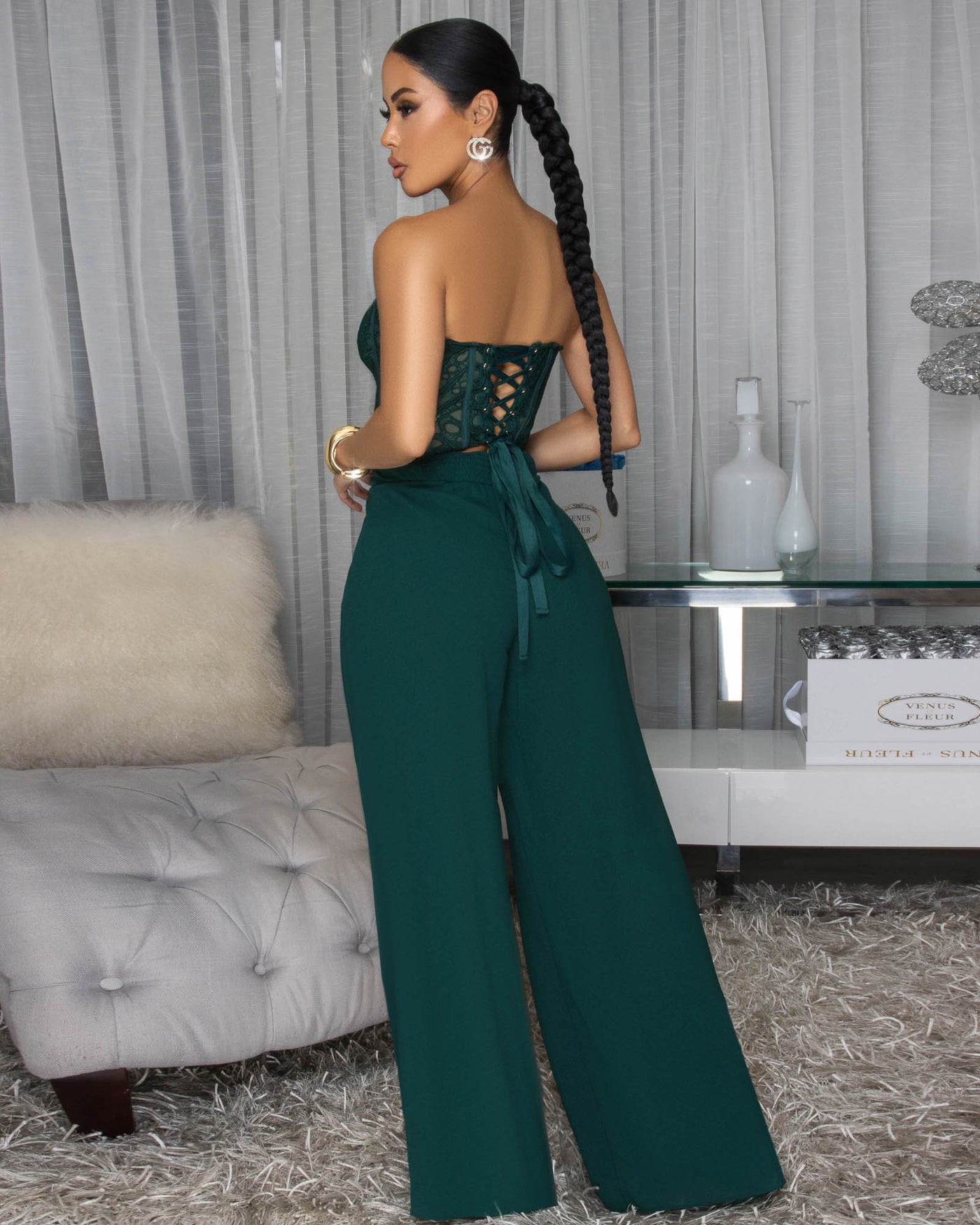 Emory Forrest Green Corset Crochet Top & Pants Set