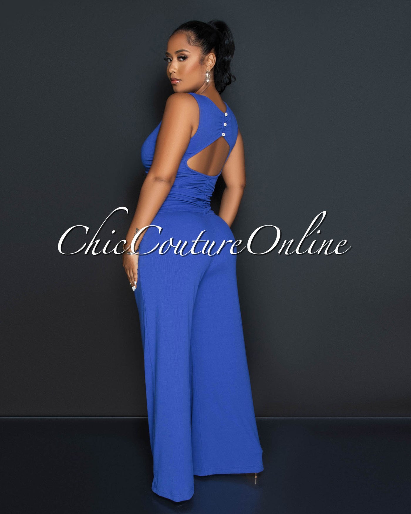 Beverly Blue Ruched Bust Back Key-Hole Jumpsuit