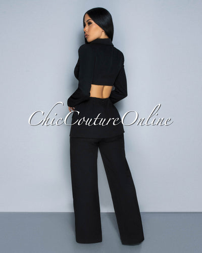 Wendy Black Crop Blazer Top & Ruffle Pants Set