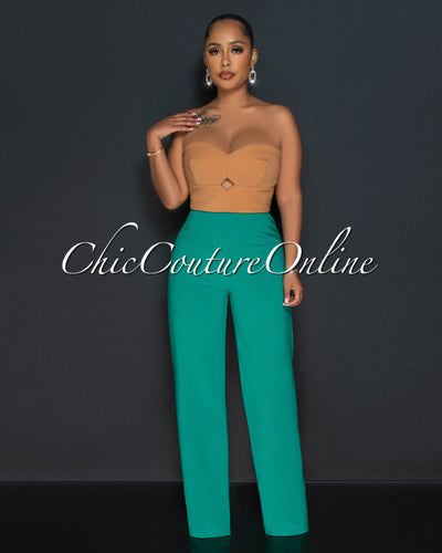 Dalina Green Nude Two-Tone Strapless Jumpsuit