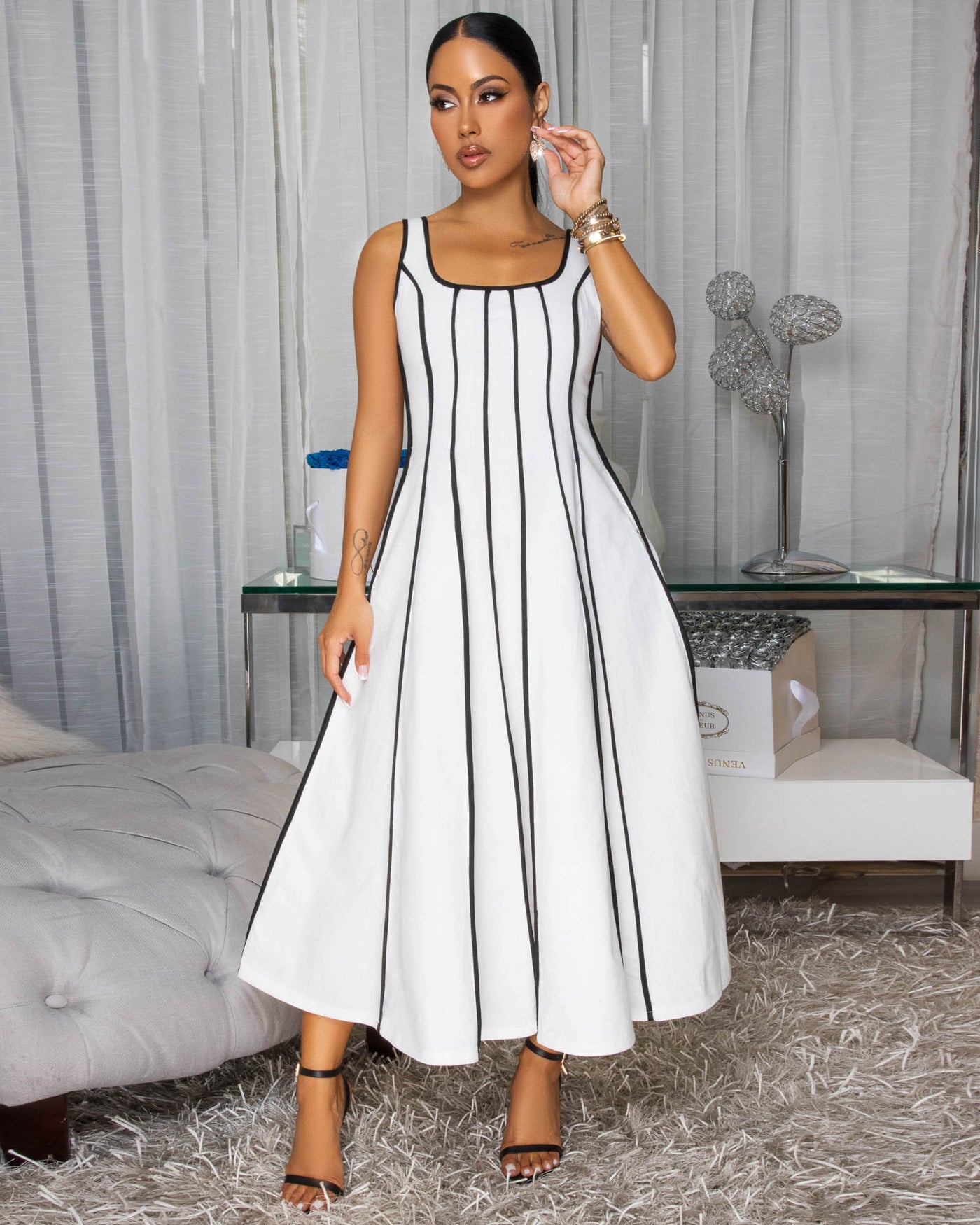 Samantha White Black Stripes Linen Midi Dress