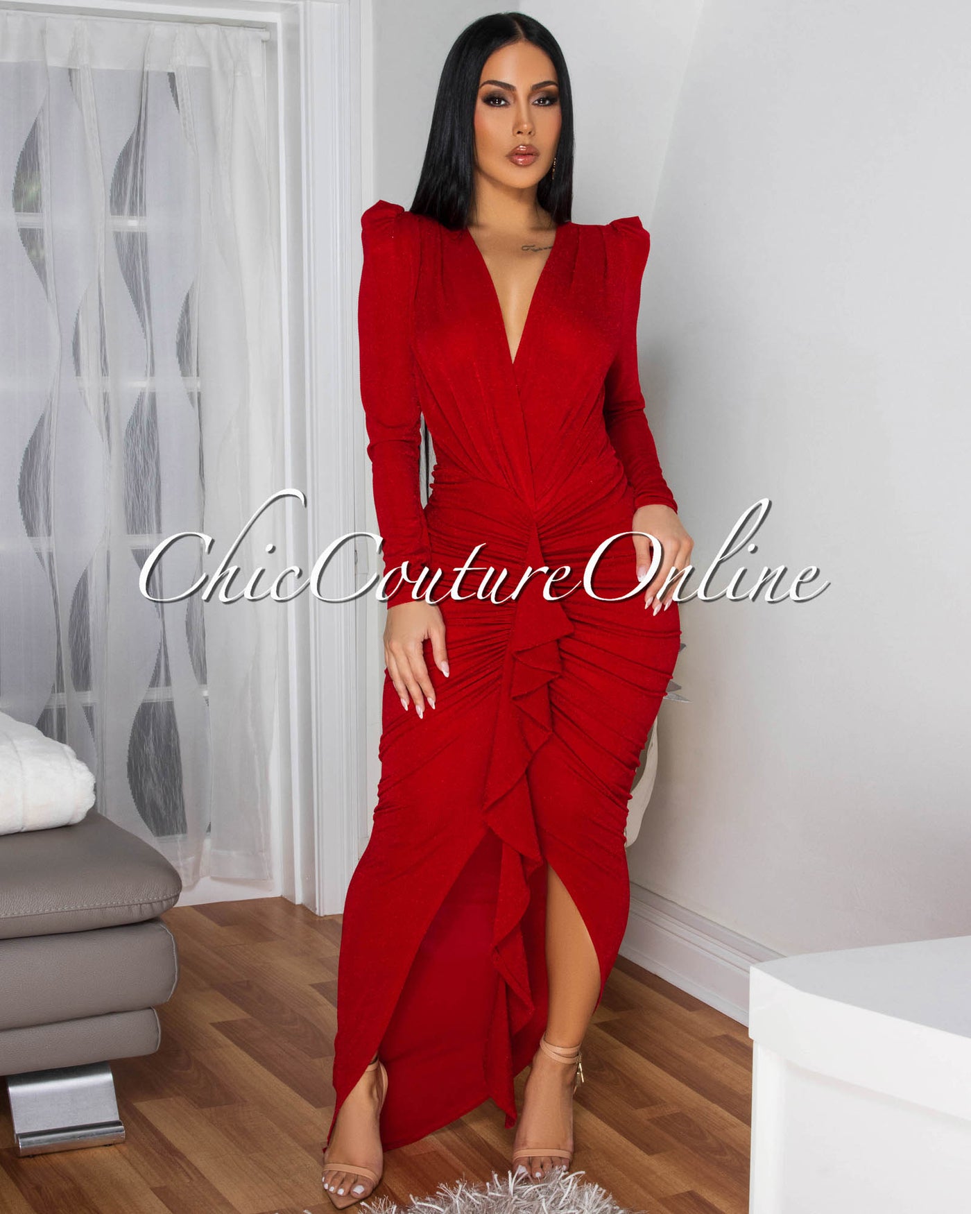 Lona Red Shimmer Ruffle Accent Maxi Dress