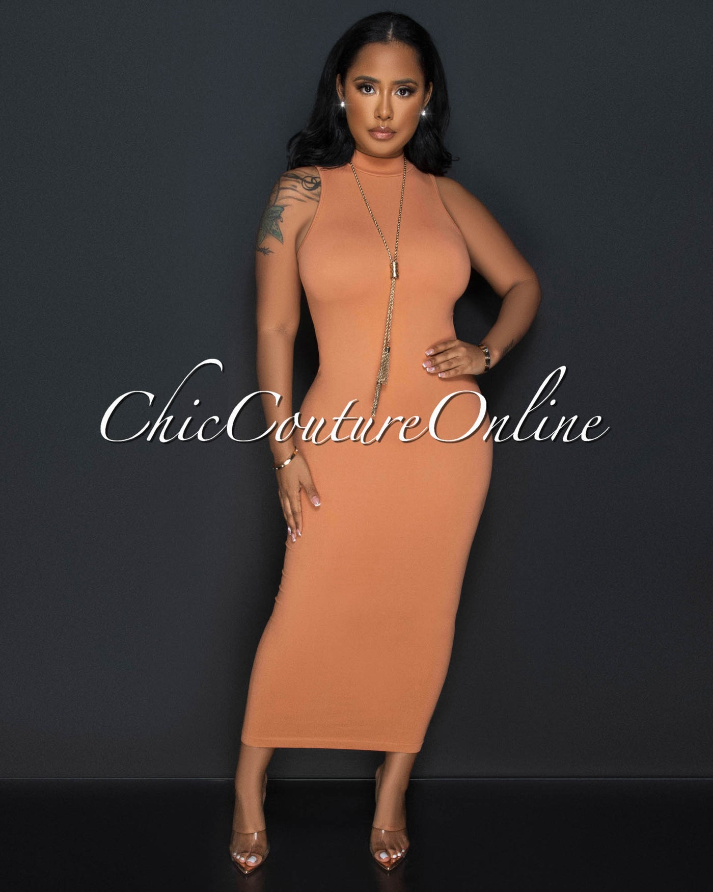 Faustina Toffee Mock Neckline Body-Con Maxi Dress