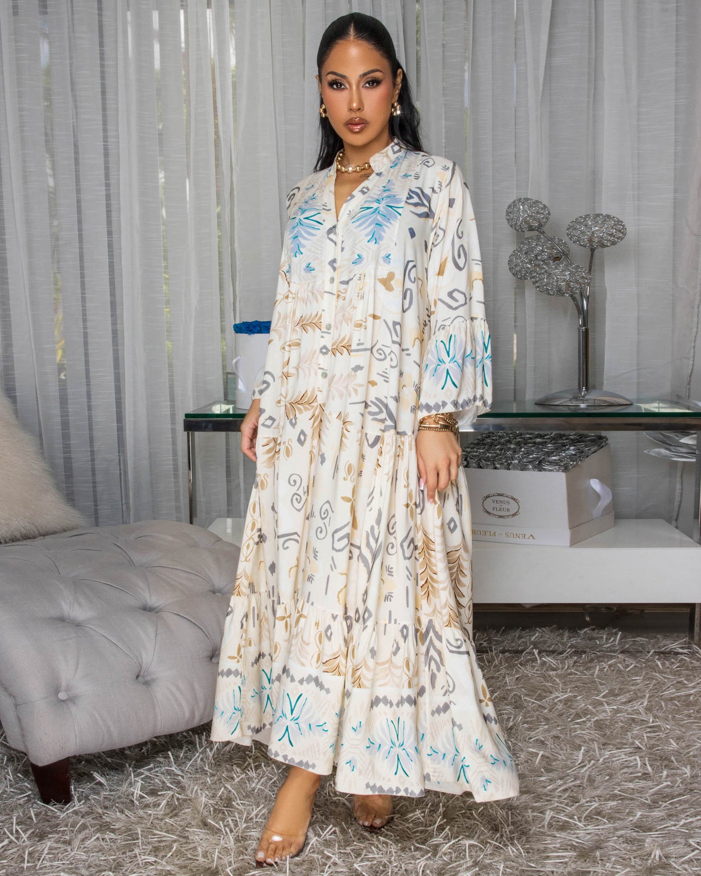 Emmie Cream Grey Multi-Color Maxi Dress