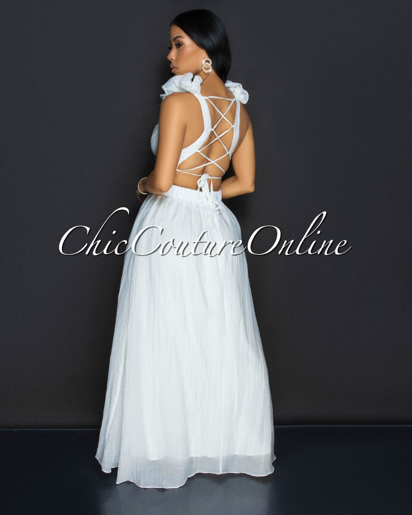 Cianna Ruffle Lace-Up Back Maxi Dress