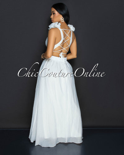 Cianna White Ruffle Lace-Up Back Maxi Dress