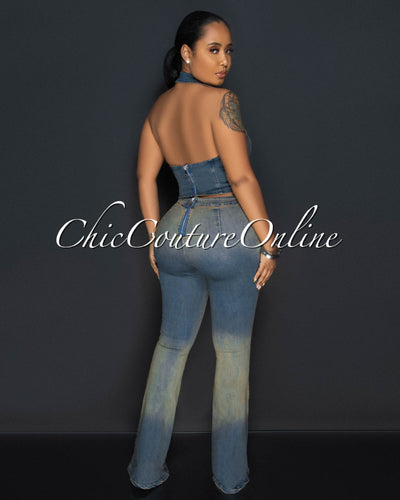Destiny Dark Blue Brown Halter Top & Lace-Up Jeans Set