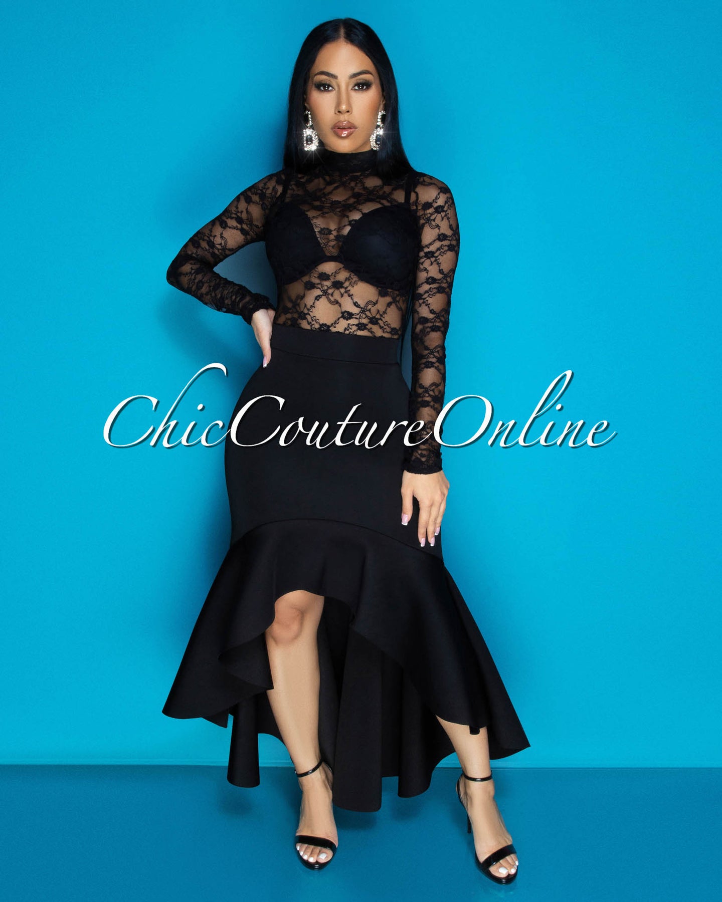 Primrose Black Lace Bodysuit & Hi-Lo Skirt Set