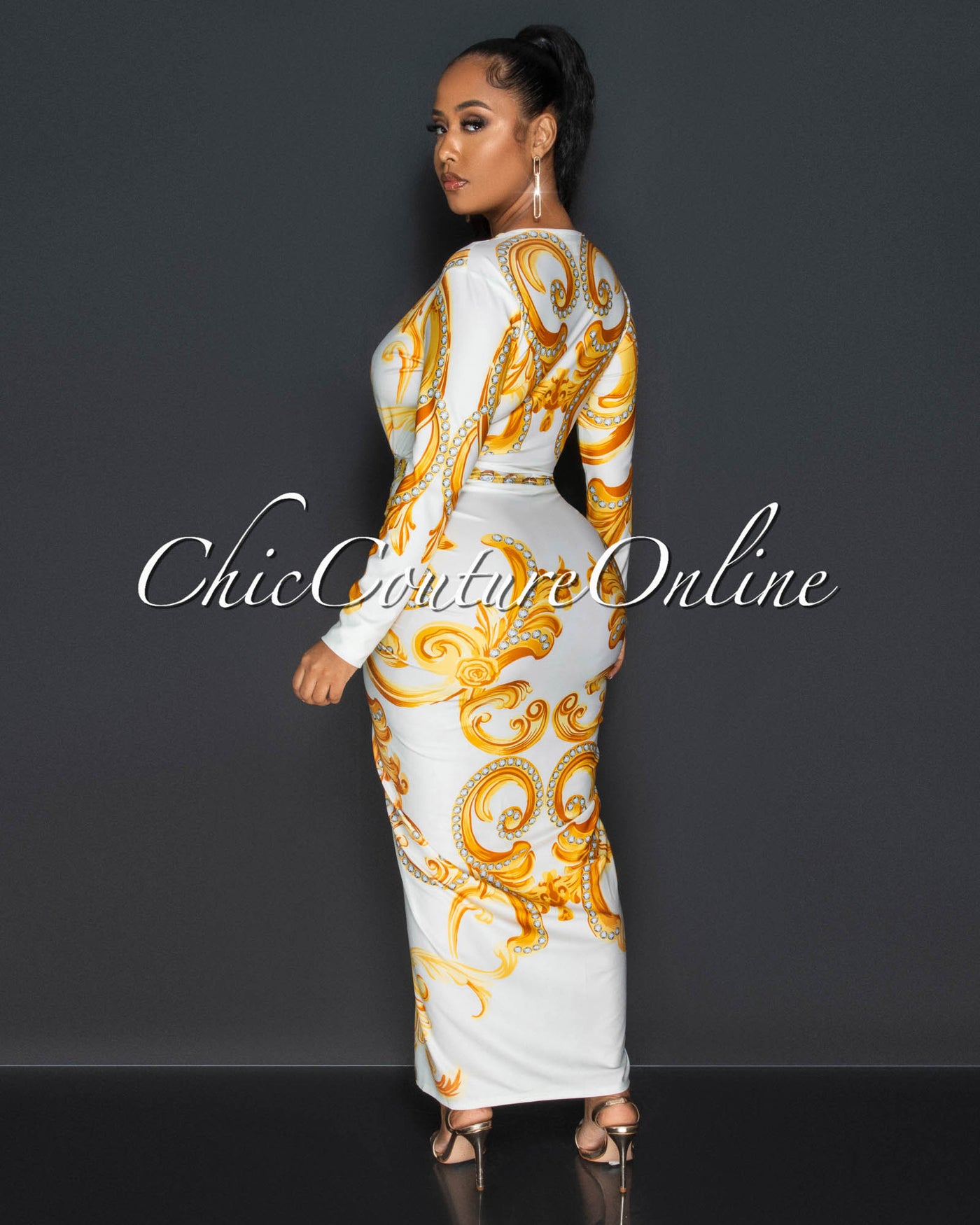 Kebba White Gold Print Deep V Neckline Front Knot Maxi Dress